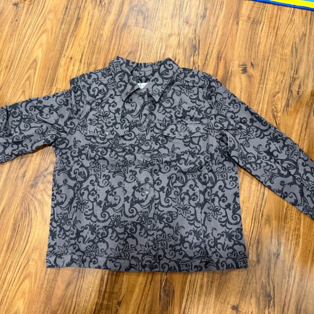 [Baroque] Womens Denim & Co Damask Floral Scroll Jacket L Gray Black